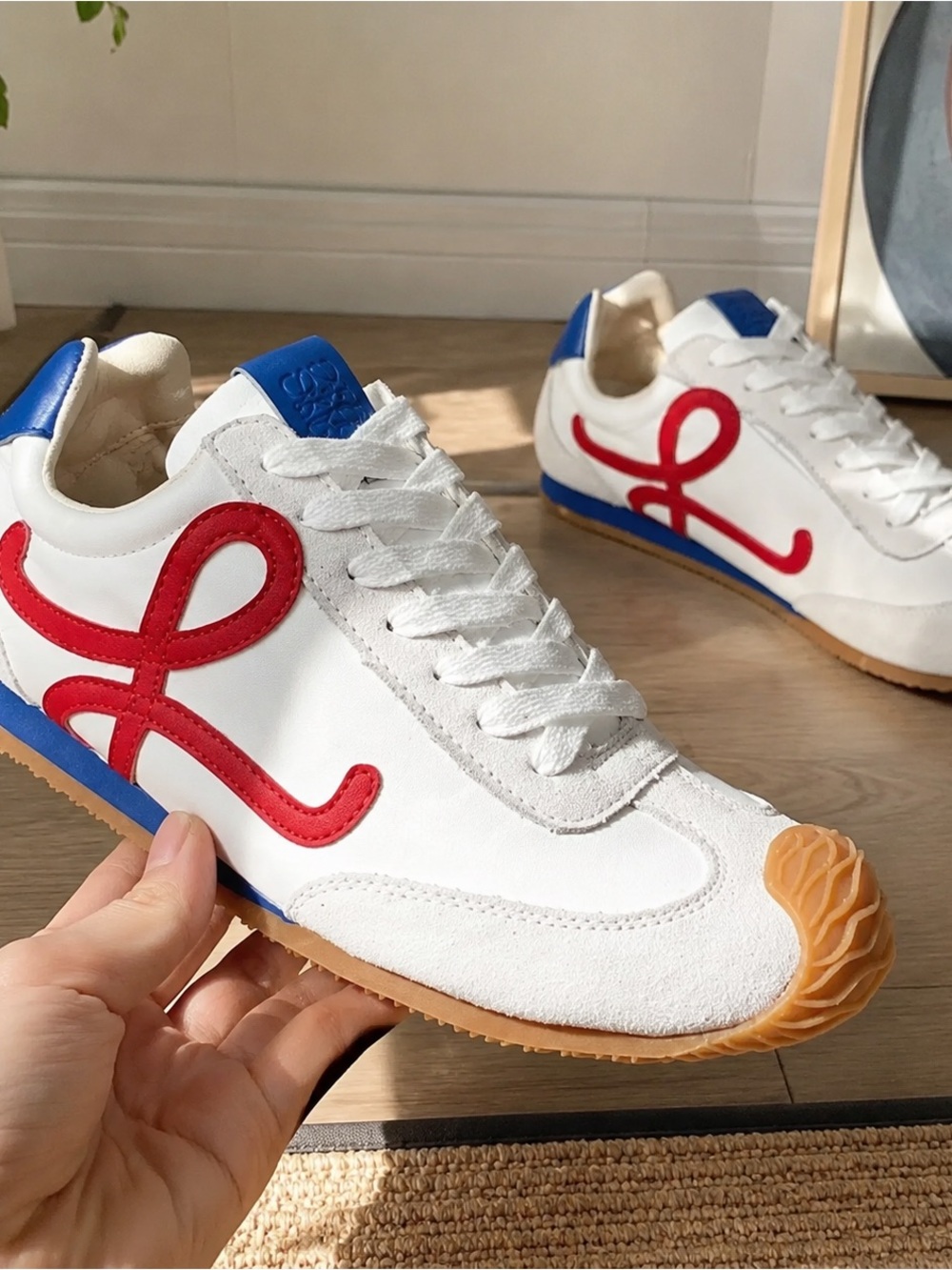 Loewe White Sneakers with Red Script and Blue Heel